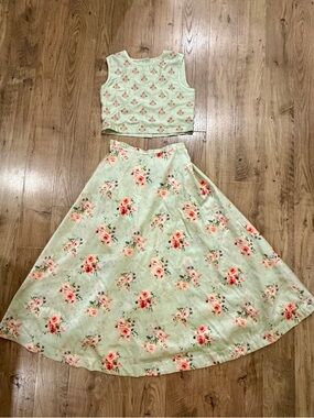 Floral Mint Two-Piece Kids Matching Set - Sleeveless Crop Top & Skirt